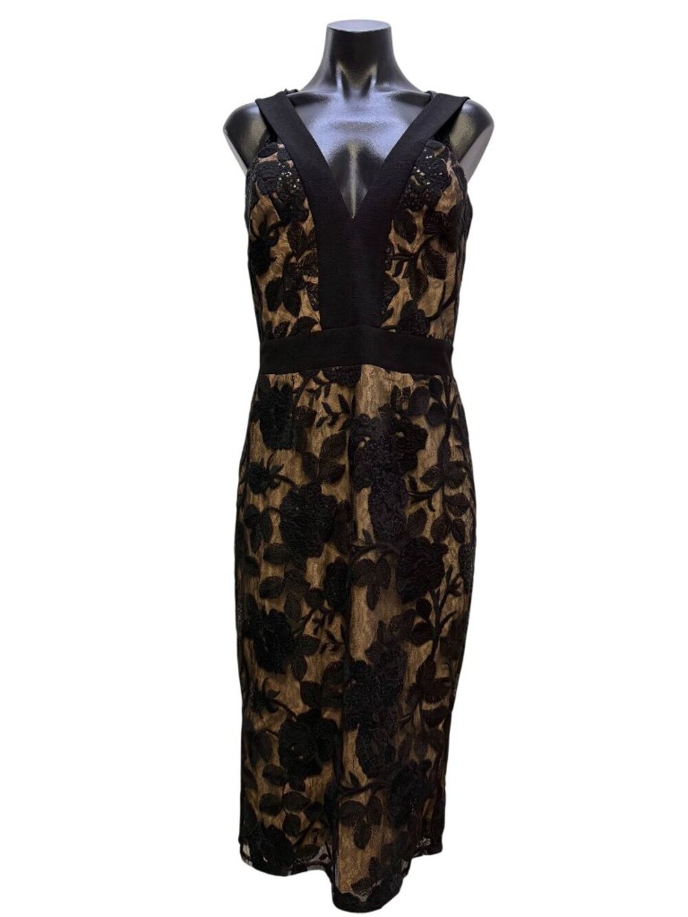 NWT Dress The Population Black & Nude Lace Overlay Midi Dress M